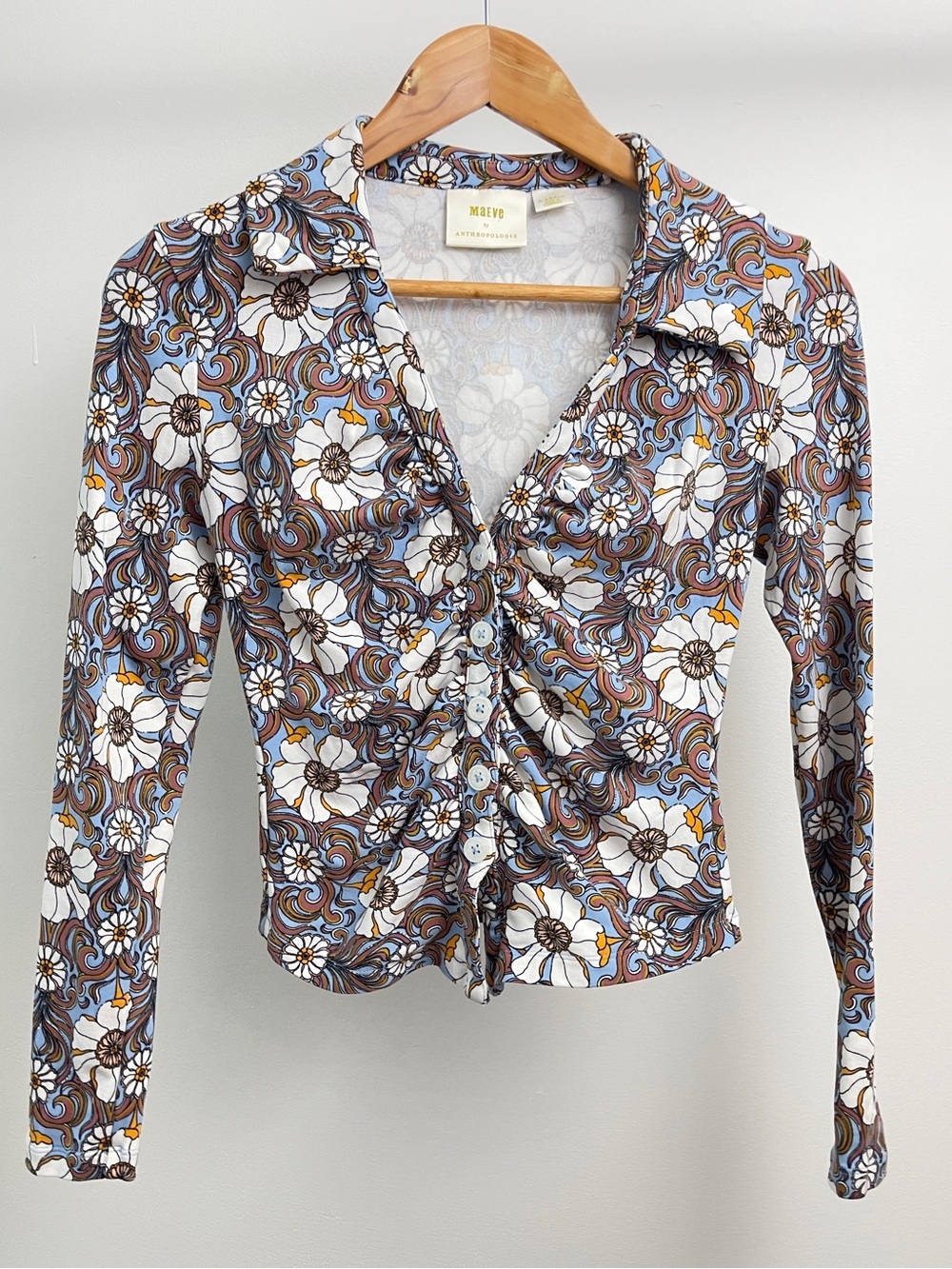 Maeve Floral Ruched Button-Front Top Size D
